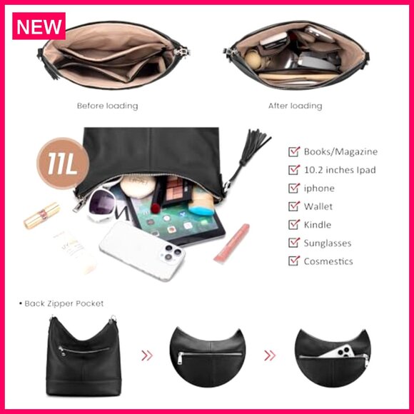 Genuine Leather Hobo Crossbody Bag with Removable Straps, 11L Capacity - Picture 5 of 8